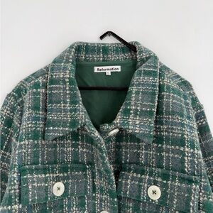 Reformation Peggy Tweed Cropped Wool Blend Jacket In Green